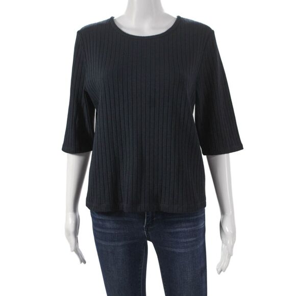 Vince Tops - Vince Women Basic Black Striped T-Shirt 3/4 Sleeve Cotton Blend Size XL